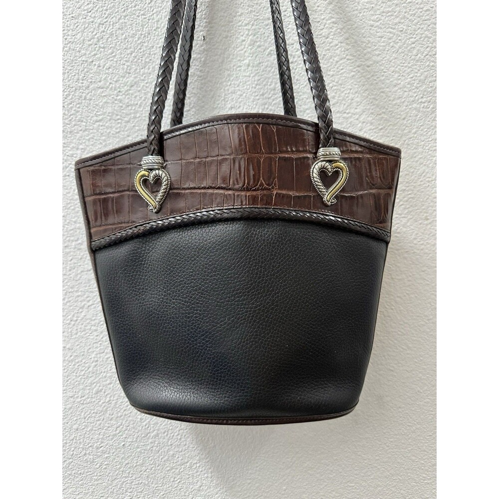Brighton Two-tone BLK Pebbled Leather and Brown Faux Crocodile Shoulder Bag